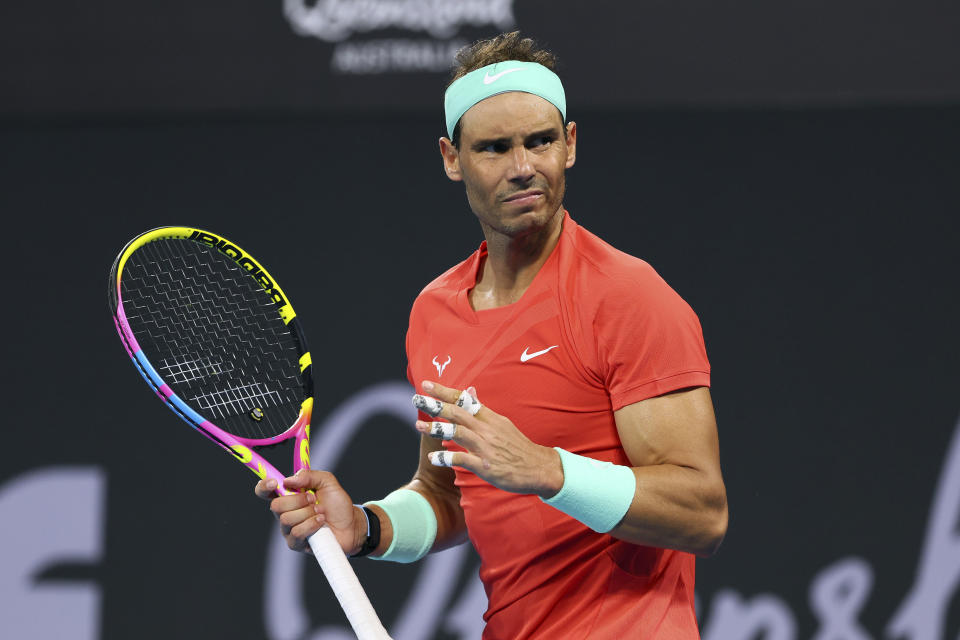 Rafael Nadal of Spain reacts after missing a shot in his quarter-final match against Jordan Thompson of Australia during the Brisbane International tennis tournament in Brisbane, Australia, Friday, Jan. 5, 2024. (AP Photo/Tertius Pickard)