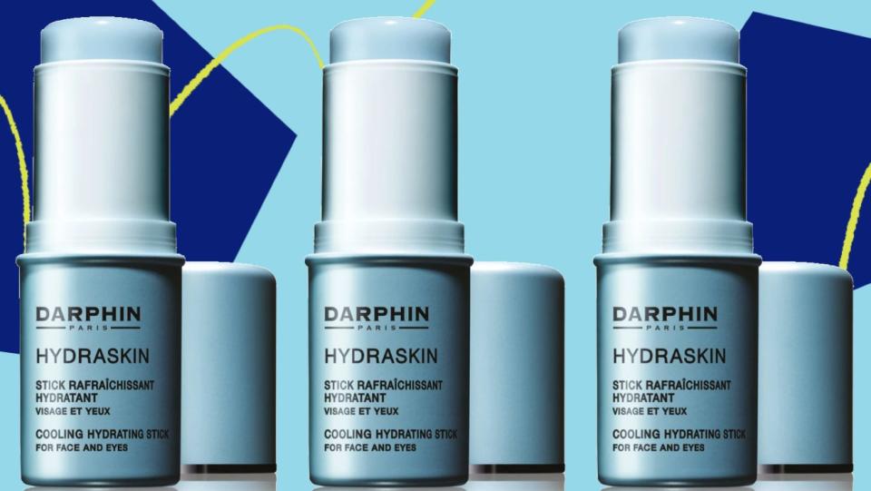 We recommend Darphin’s Hydraskin Cooling Hydrating Stick for its ability to to de-puff, fight sweat and fake dewiness. (HuffPost)