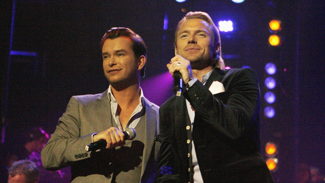 Stephen Gately performs with Ronan Keating at the BBC Electric Proms in 2008. (PA/Getty)