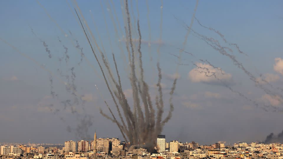 Hamas launched a salvo of rockets from Gaza towards the Israeli city of Ashkelon, October 10, 2023. - Mahmud Hams/AFP via Getty Images