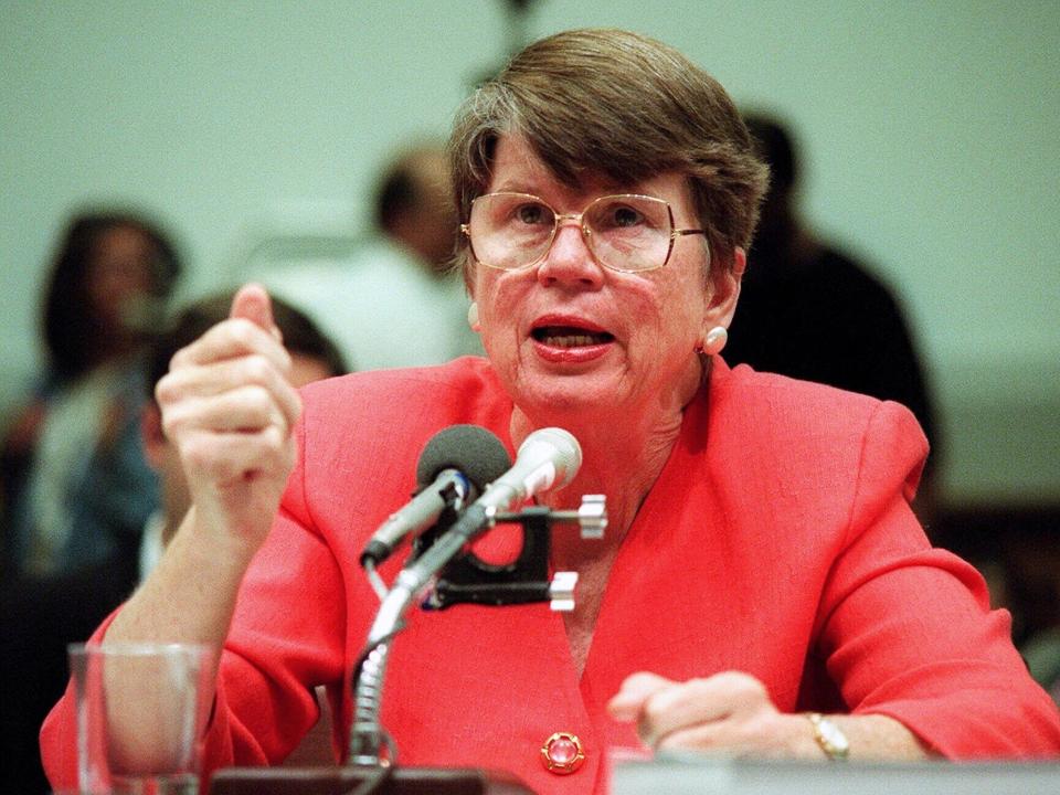 Janet Reno testifies at a congressional hearing.