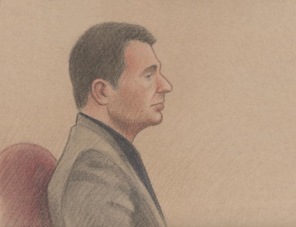 A sketch of Eric Einagel during his trial in Ottawa on May 6, 2024.