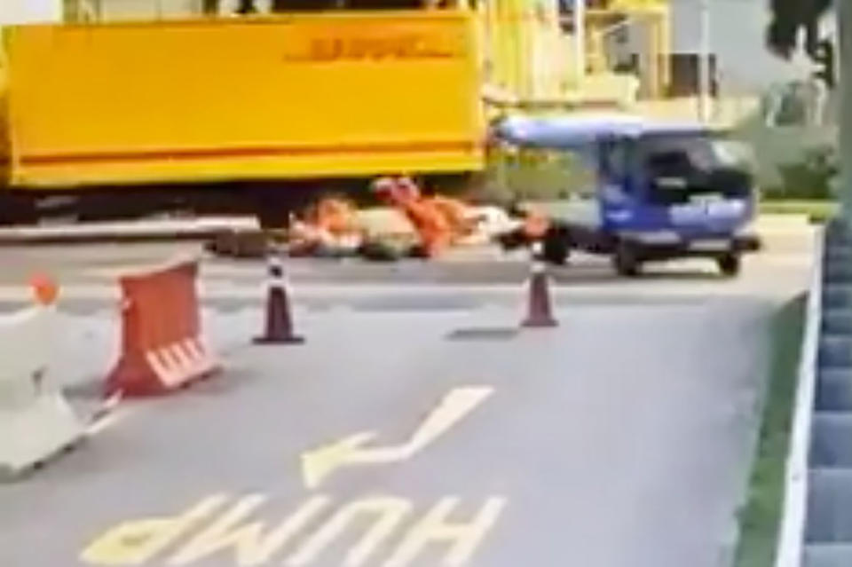 A screengrab from a video capturing the accident that took place at 70 Tanah Merah Coast Road.
