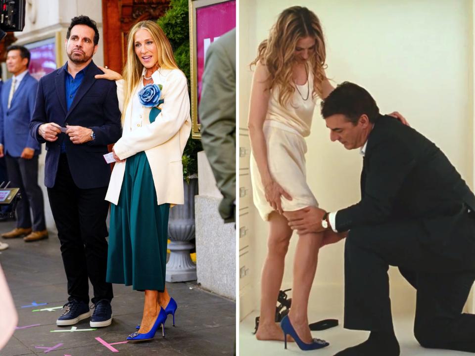 sarah jessica parker and mario cantone on set of and just like that and a screengrab from sex and the city movie