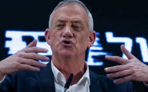 Blue and White party leader Benny Gantz at election campaign town hall meeting in Rosh HaAyin, Israel - Credit: EPA