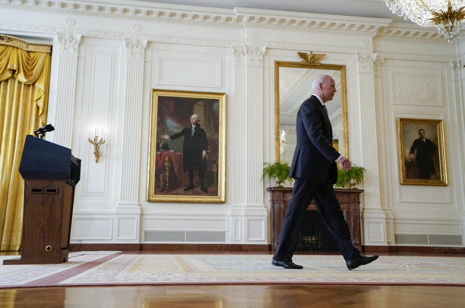 President Joe Biden walks from the podium after speaking about Afghanistan from the East Room of the White House, Monday, Aug. 16, 2021, in Washington. (AP Photo/Evan Vucci)