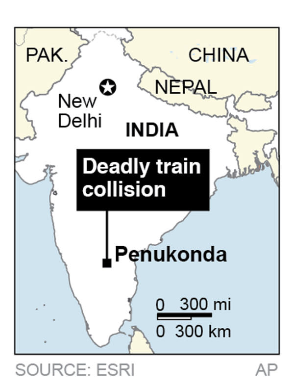 Map locates the town of Penukonda in Anantapur district of Andhra Pradesh state where one train slammed into another, causing multiple fatalities.