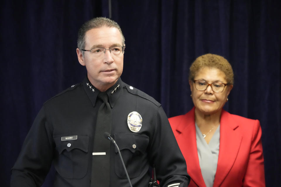 Los Angeles Police Assistant Chief Robert E. Marino, left, and Los Angeles Mayor Karen Bass denounce anti-Semitism and hate crimes at a news conference in Los Angeles Friday, Feb. 17, 2023. A person was taken into custody Thursday in connection with the shootings of two Jewish men outside synagogues in Los Angeles this week that investigators believe were hate crimes, police said. (AP Photo/Damian Dovarganes)