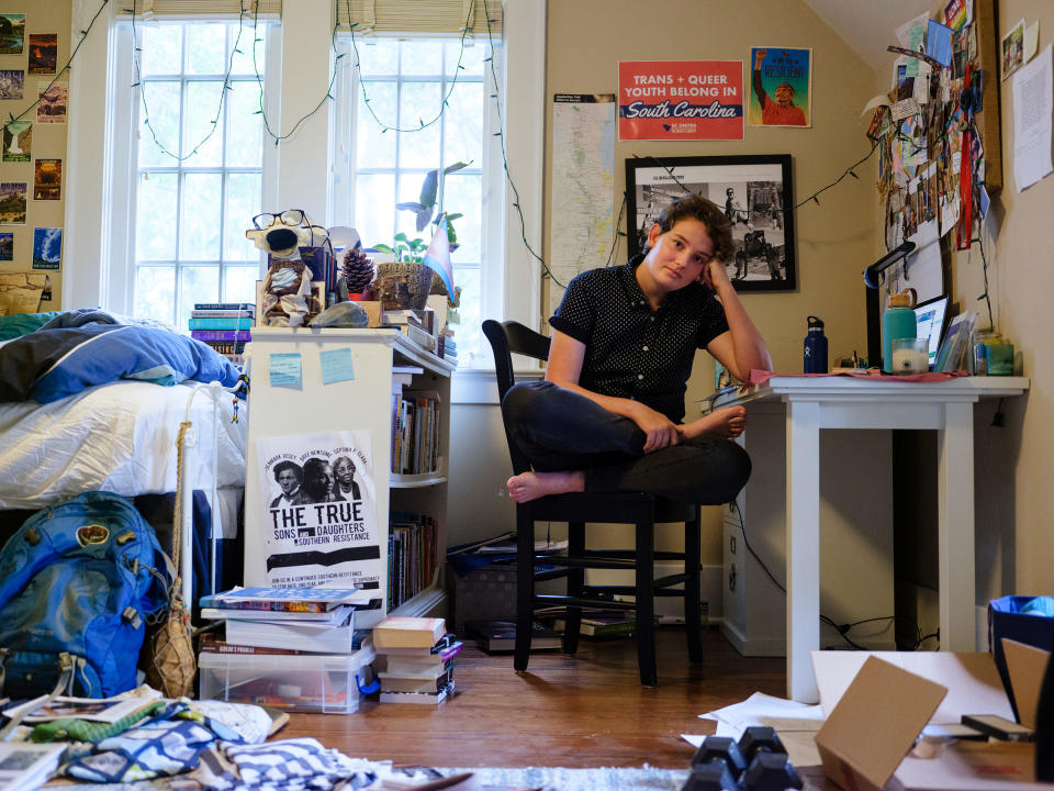 Eli, 18, sits in their room in Charleston, S.C., shortly after appearing on a panel on how to best treat and interact with trans youth at the Medical University of South Carolina. They were the only trans young person on the panel.<span class="copyright">Annie Flanagan</span>