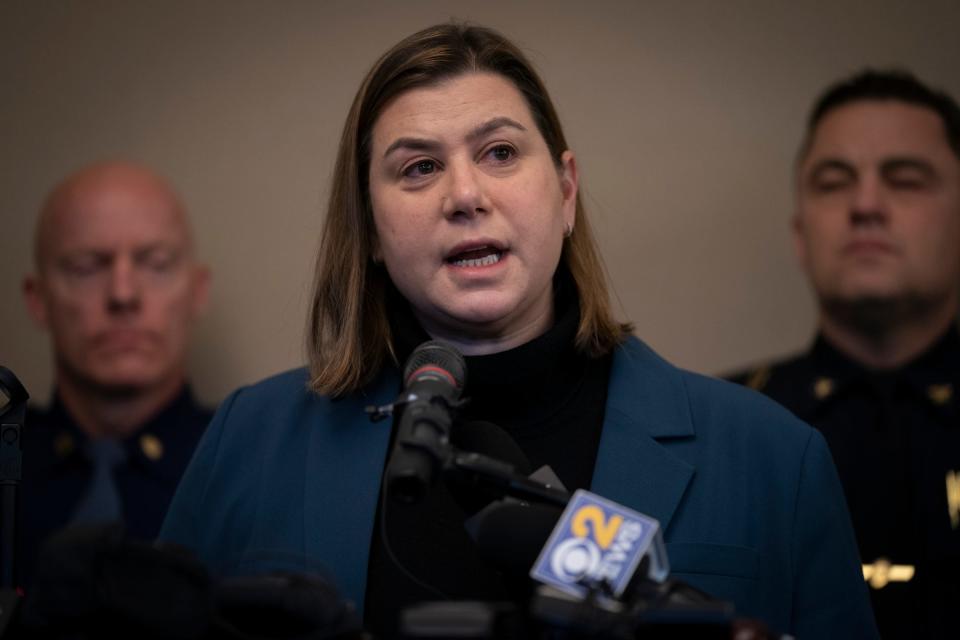 Elissa Slotkin, D-Lansing, speaks to the media Tuesday, Feb. 14, 2023, during a press conference at University Club of Michigan State University surrounding details of the fatal shooting on the school's campus the previous night.