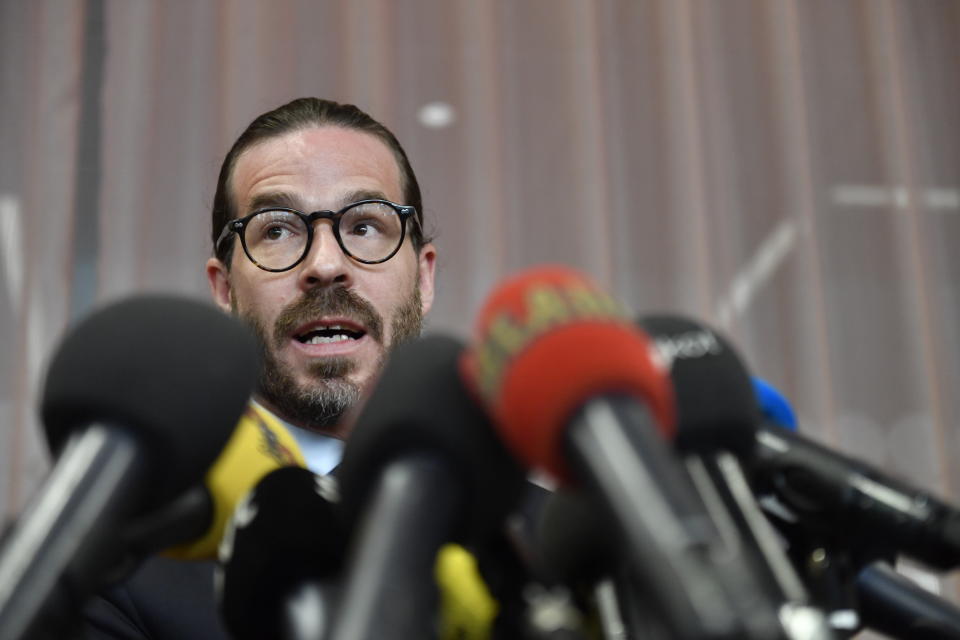 CAPTION CORRECTS SPELLING OF COUNSELOR'S SURNAME Counselor Slobodan Jovicic comments at a press conference on the case of US rapper A$AP Rocky, real name Rakim Mayers, in Stockholm, Sweden, Thursday, July 25, 2019. A Swedish prosecutor on Thursday charged rapper A$AP Rocky, with assault over a fight in Stockholm last month, in a case that's drawn the attention of fellow recording artists as well as U.S. President Donald Trump. (Naina Helen Jama/TT News Agency via AP)