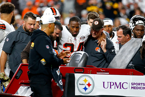PITTSBURGH, PENNSYLVANIA – SEPTEMBER 18: Nick Chubb #24 of the Cleveland Browns is carted off the field after sustaining a knee injury during the second quarter against the Pittsburgh Steelers at Acrisure Stadium on September 18, 2023 in Pittsburgh, Pennsylvania. (Photo by Justin K. Aller/Getty Images)