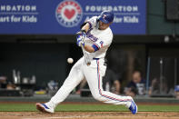 Texas Rangers' Corey Seager grounds out to third in the fifth inning of a baseball game against the Texas Rangers in Arlington, Texas, Thursday, May 2, 2024. (AP Photo/Tony Gutierrez)