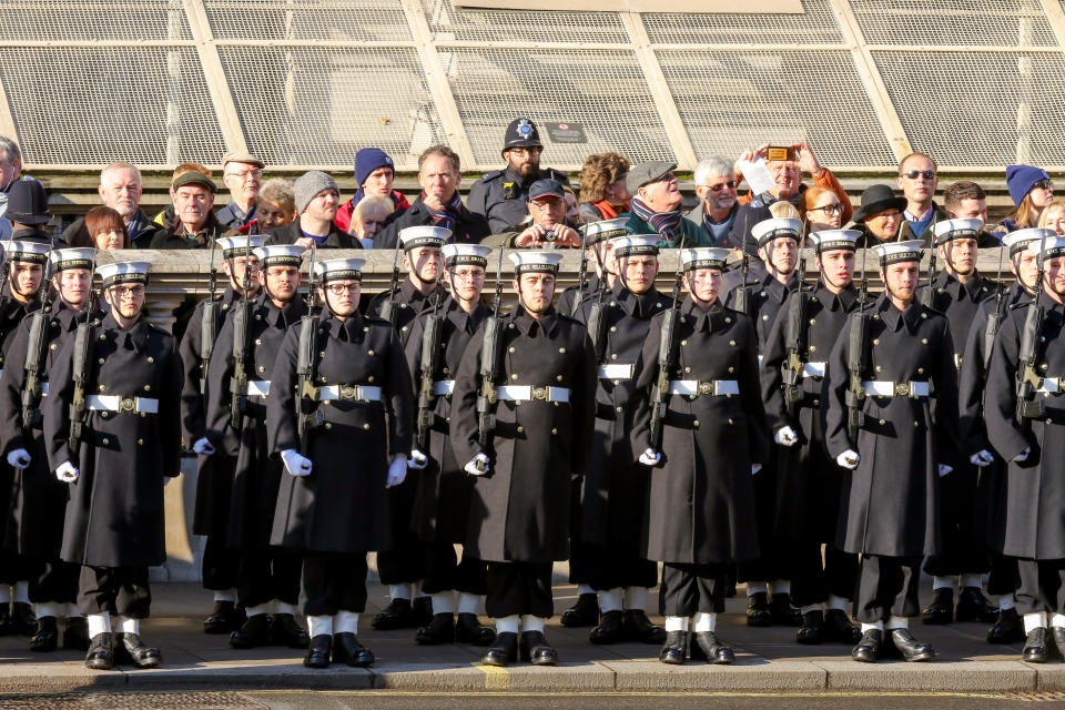 Soldiers are seen during the annual Remembrance Sunday memorial at The Cenotaph, in Whitehall, London. (Photo by Steve Taylor / SOPA Images/Sipa USA)