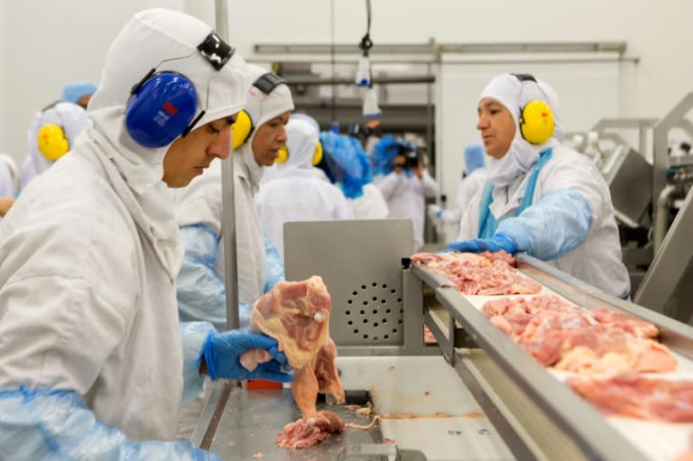 People work at a production line of the JBS-Friboi chicken processing plant during an inspection visit from Brazilian Agriculture Minister Blairo Maggi and technicians of the ministry in Lapa, Parana State, Brazil on March 21, 2017