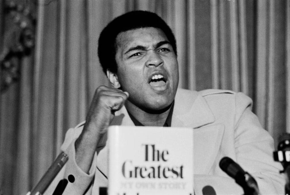 American professional boxer, activist, and philanthropist Muhammad Ali at a press conference presenting his new autobiographical book ‘The Greatest: My Own Story’ held at The Savoy Hotel, London, UK, Mar. 10 1976. (Photo by Evening Standard/Hulton Archive/Getty Images)