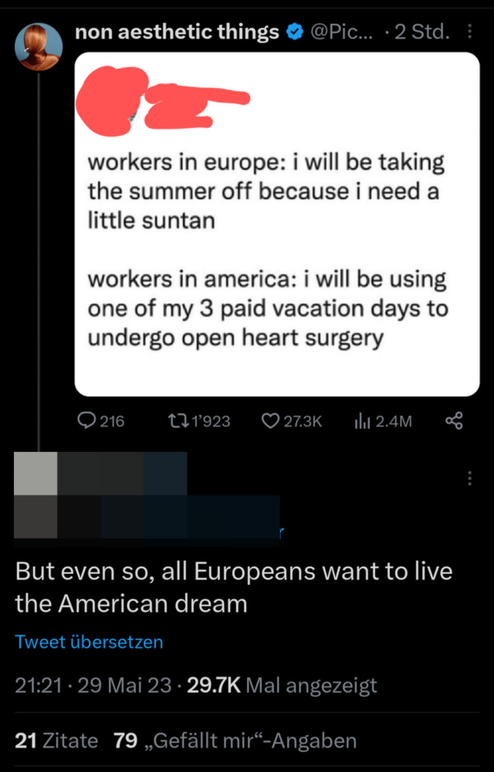 Someone posts a meme celebrating how much more paid time off Europeans get than Americans, and an American responds "Even so, all Europeans want to live the American dream"