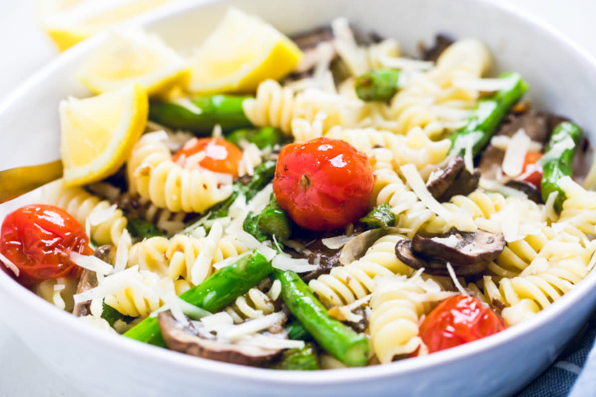 <p>Make it Dairy Free</p><p>This delicious vegan lemon garlic butter pasta with tomatoes, asparagus and mushrooms is a quick 30-minute meal that's super easy to make and great year-round.</p><p><strong>Get the recipe: <a href="https://makeitdairyfree.com/vegan-lemon-garlic-butter-pasta-with-tomatoes-asparagus-and-mushrooms/" rel="nofollow noopener" target="_blank" data-ylk="slk:Vegan Lemon Garlic Butter Pasta with Tomatoes, Asparagus and Mushrooms;elm:context_link;itc:0;sec:content-canvas" class="link rapid-noclick-resp">Vegan Lemon Garlic Butter Pasta with Tomatoes, Asparagus and Mushrooms</a></strong></p>
