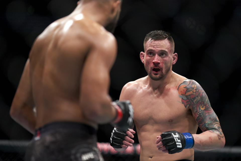 HOUSTON, TEXAS - FEBRUARY 08:  (R-L) James Krause battles Trevin Giles during the UFC 247 event at Toyota Center on February 08, 2020 in Houston, Texas. (Photo by Cooper Neill/Zuffa LLC via Getty Images)