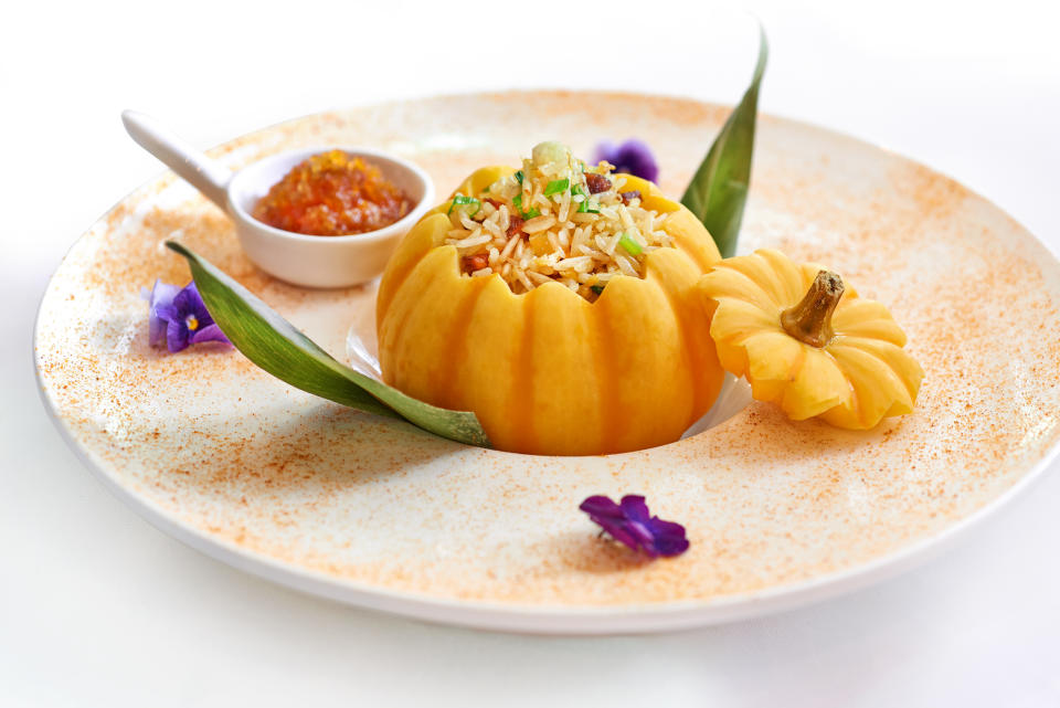 Min Jiang Dempsey Iberico Pork Fried Rice served in Mini Pumpkin accompanied with XO Sauce (Photo: Min Jiang)