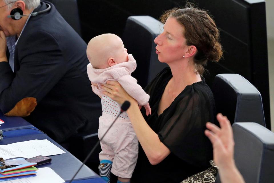 Anneliese Dodds with her baby at a voting session in European Parliament in 2016 (Vincent Kessler/Reuters)