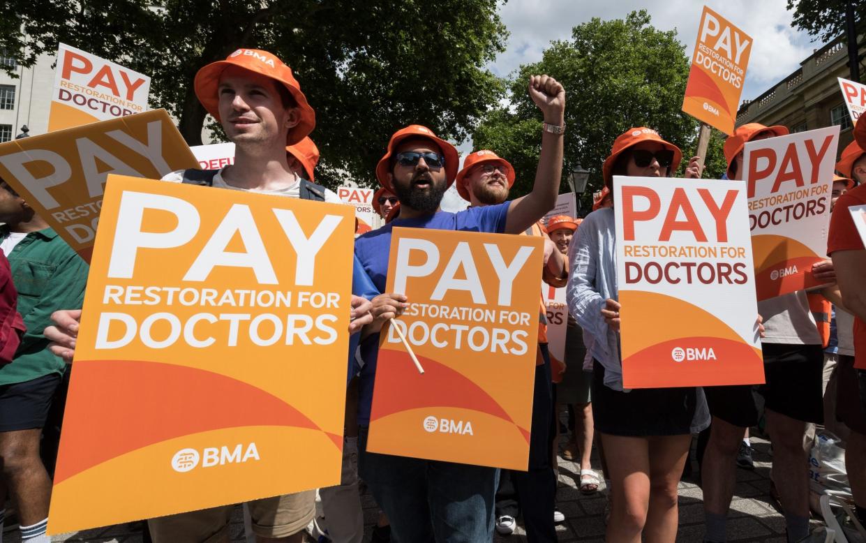 Junior doctors take part in a rally outside Downing Street during their latest strike