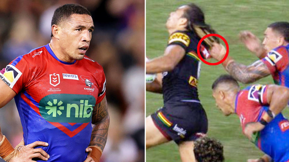 Newcastle's Tyson Frizell copped a contentious penalty for pulling the hair of Penrith five-eighth Jarome Luai. Pic: Getty/Fox League