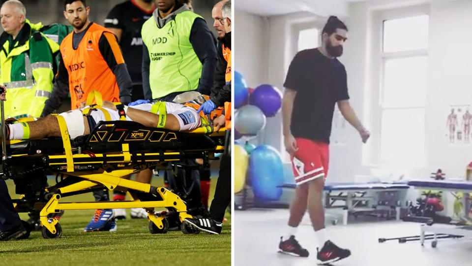 Michael Fatialofa suffered a horrible injury and is stretchered off and is pictured walking 11 weeks later.