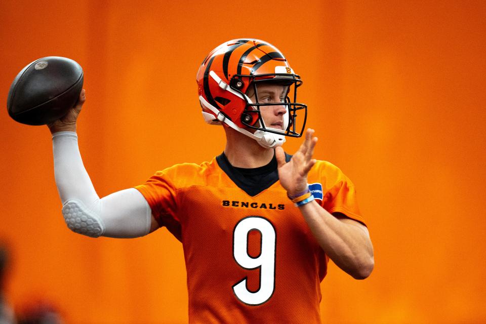 Joe Burrow throws a pass at the Cincinnati Bengals' spring practice at the IEL Indoor Facility in Cincinnati on Tuesday.