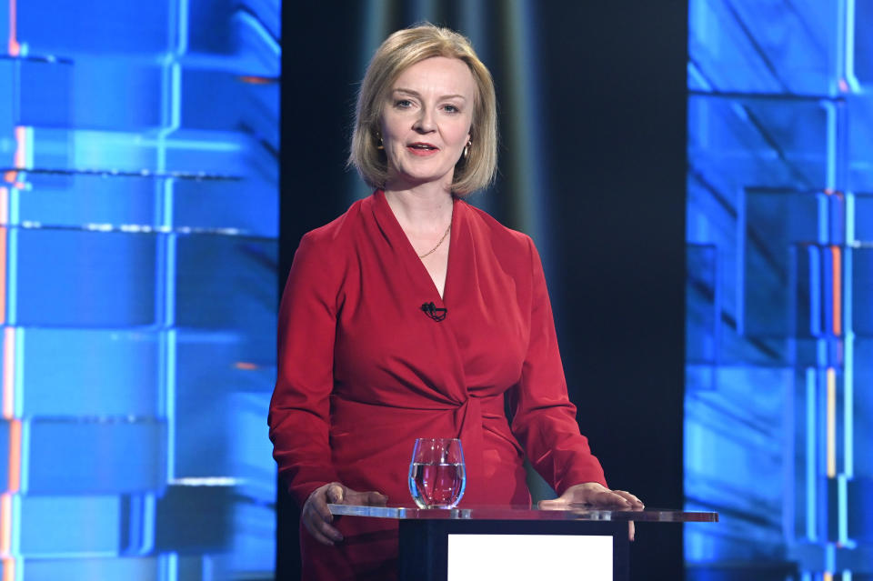 MANDATORY CREDIT REQUIRED: Jonathan Hordle/ITV Handout photo issued by ITV of Liz Truss taking part in Britain's Next Prime Minister: The ITV Debate, a head-to-head debate between Conservative party leadership candidates. Picture date: Sunday July 17, 2022.