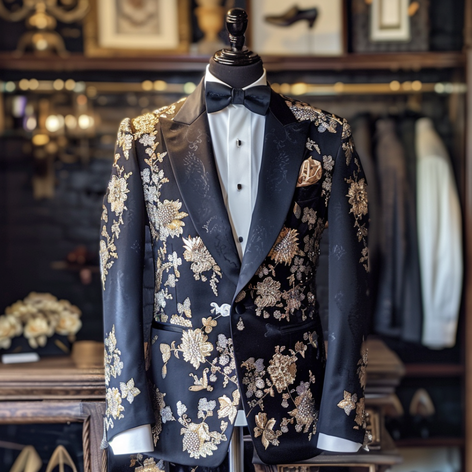 Mannequin displaying a black tuxedo with gold floral embroidery at a clothing store