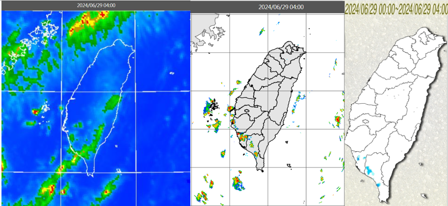 <strong>今（29日）晨4時紅外線色調強化雲圖顯示，台灣大致晴朗（左圖）。4時雷達回波合成圖顯示，西南部有零星回波移入（中圖）。4時累積雨量圖顯示，西南部有局部降雨（右圖）。（圖／翻攝自「三立準氣象.老大洩天機」）</strong>