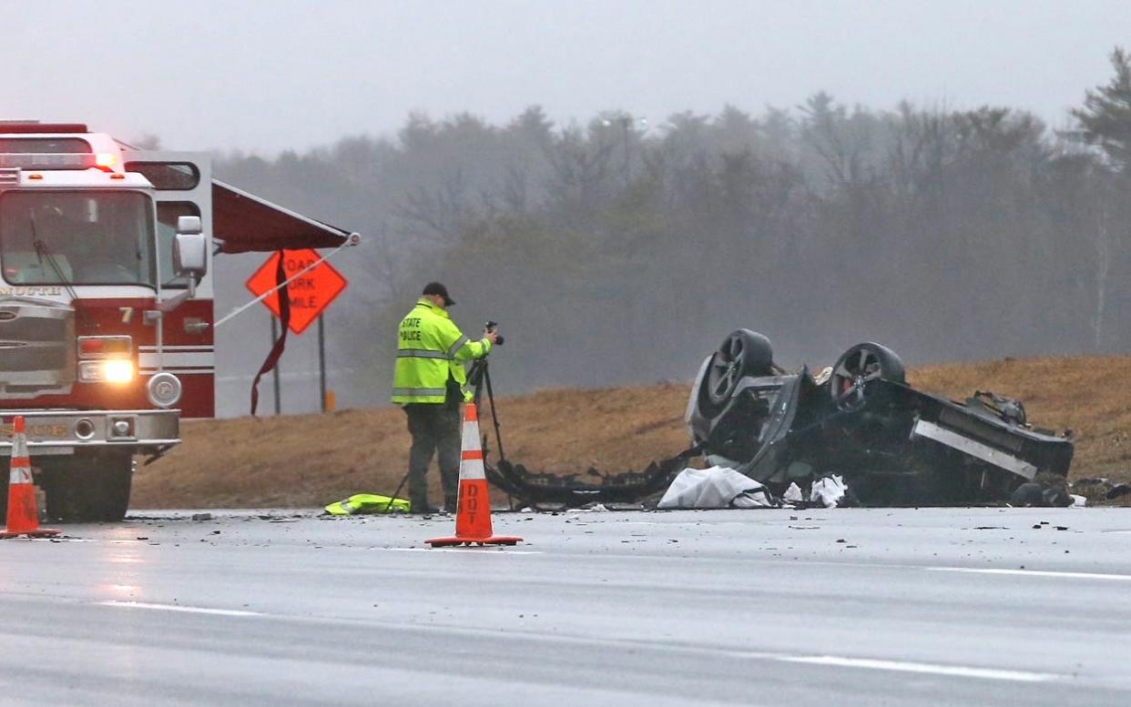 New Hampshire State Police investigate a fatal car crash in the southbound lane of Interstate 95 near the border of Greenland and Portsmouth Wednesday, Feb. 28, 2024.