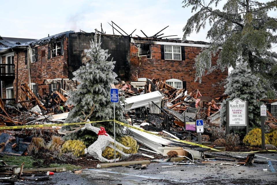 The wreckage of a demolished apartment building that burned in yesterday's fire at Knob Hill Apartments on Thursday, Dec. 22, 2022, in Meridian Township.