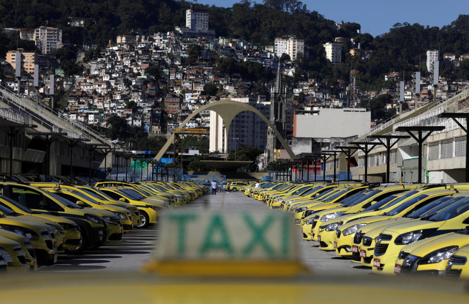 Taxis parked at Rio de Janeiro&#39;s sambadrome are pictured during a protest against direct-driver mobile apps, in Brazil July 27, 2017. REUTERS/Ricardo Moraes     TPX IMAGES OF THE DAY