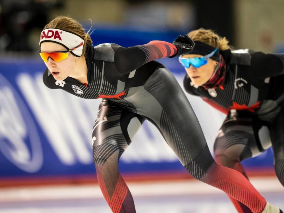 Alexa Scott (left) of Clandeboye, Man. and her teammate Maddison Pearman, are among 16 members of the Canadian Olympic long track speed skating team that will be competing at the upcoming Beijiing Games. (Dave Holland/Speed Skating Canada - image credit)