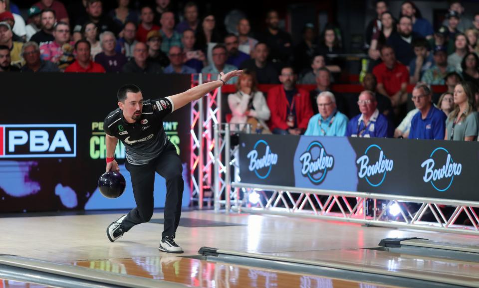 Marshall Kent throws his ball as he takes on Anthony Simonsen during the final round of the PBA Tournament of Champions at AMF Riviera Lanes on Sunday.