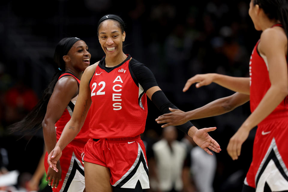 SEATTLE, WASHINGTON - SEPTEMBER 17: A'ja Wilson #22 of the Las Vegas Aces reacts during the first quarter against the Seattle Storm at Climate Pledge Arena on September 17, 2024 in Seattle, Washington. NOTE TO USER: User expressly acknowledges and agrees that, by downloading and or using this photograph, User is consenting to the terms and conditions of the Getty Images License Agreement. (Photo by Steph Chambers/Getty Images)