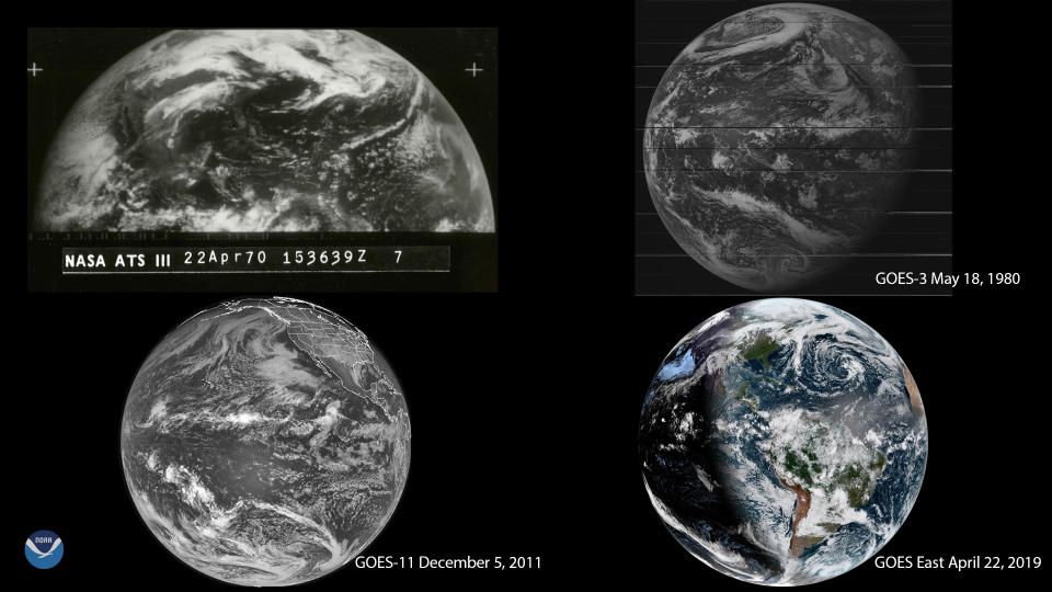 four images of the Earth, each increasingly clear and colorful