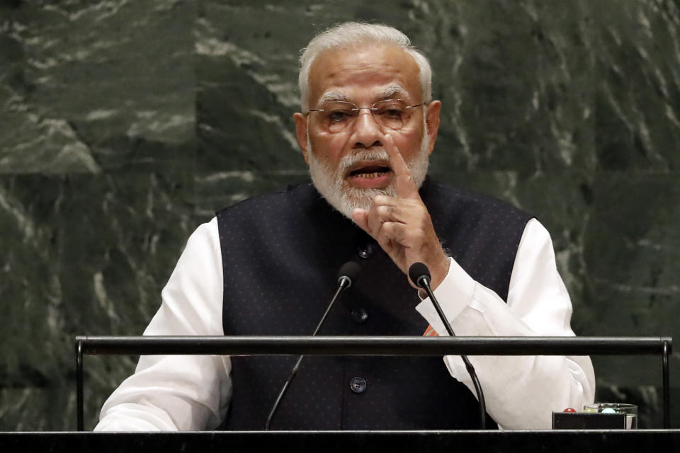 India's Prime Minister Narendra Modi addresses the 74th session of the United Nations General Assembly, Friday, Sept. 27, 2019. (AP Photo/Richard Drew)