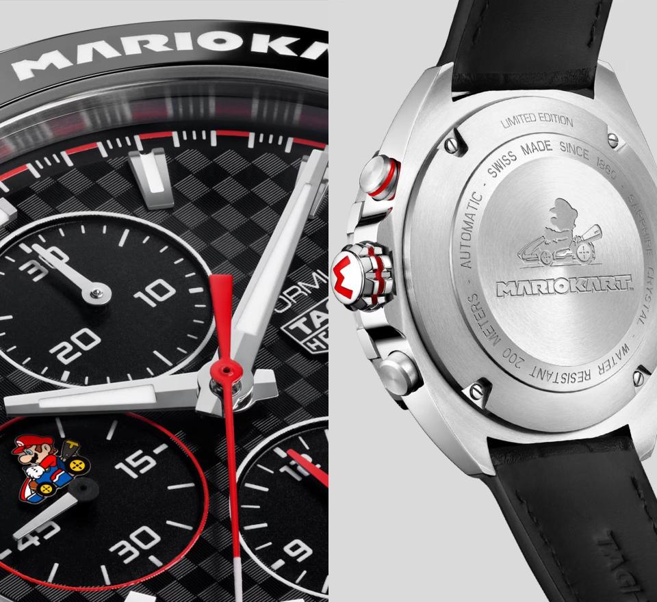 TAG Heuer X Mario Kart計時錶，錶面以賽道為靈感設計成黑灰棋盤格圖片來源：TAG Heuer