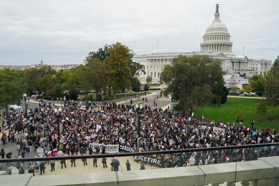 Protesters with Jewish Voice for Peace during a demonstration on Capitol Hill in Washington, D.C.,  Oct. 18, 2023.  / Credit: Kent Nishimura/Bloomberg via Getty Images