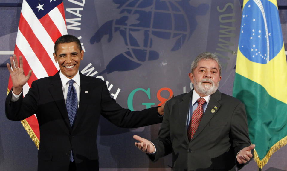 FILE - U.S. President Barack Obama and Brazil's President Luiz Inacio Lula da Silva, attend the G8 Summit in L'Aquila, Italy, July 9, 2009. (AP Photo/Haraz N. Ghanbari, File)