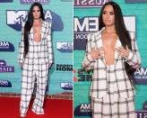 <p>Der ehemalige Disney-Star Demi Lovato entschied anlässlich der Award-Show für einen angesagten Anzug mit Karo-Muster, der tief blicken lies. Die Schauspielerin und Sängerin trug nichts unter ihrem Blazer und verlieh dem Outfit so viel Sexappeal. Dazu kombinierte sie eine oversized High-Waist-Hose. Insgesamt erinnerte der Look mit ihren offenen Haaren stark an das „nichts-drunter-Outfit“, das Reality-Star Kim Kardashian erst kürzlich bei der “LACMA Art+Filma Gala” präsentierte. (Bild: AP Photo / Rex Features) </p>