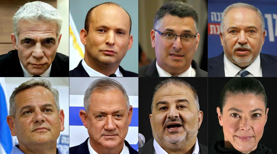 This combination of pictures shows (top left to right) Israel's opposition leader Yair Lapid, Israeli former Defense Minister Naftali Bennett, Israeli former Interior Minister Gidon Saar, Israeli ex-defence minister Avigdor Lieberman, (bottom left to right) Israeli politician Nitzan Horowitz, Israeli alternate Prime Minister Benny Gantz, head of Israel's conservative Islamic Raam party Mansour Abbas, and leader of the Israeli Labour Party (HaAvoda) Merav Michaeli.