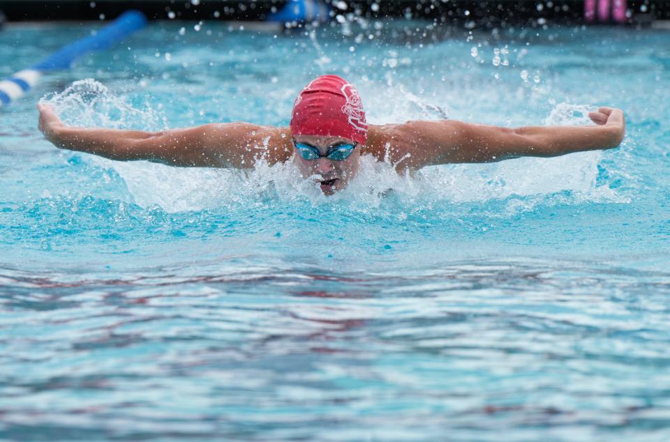 Seabreeze's Cole Conlan competes in the boys 100-yard butterfly race at the Record Breaker Invitational at the Port Orange YMCA pool, Saturday, Sept. 16, 2023.