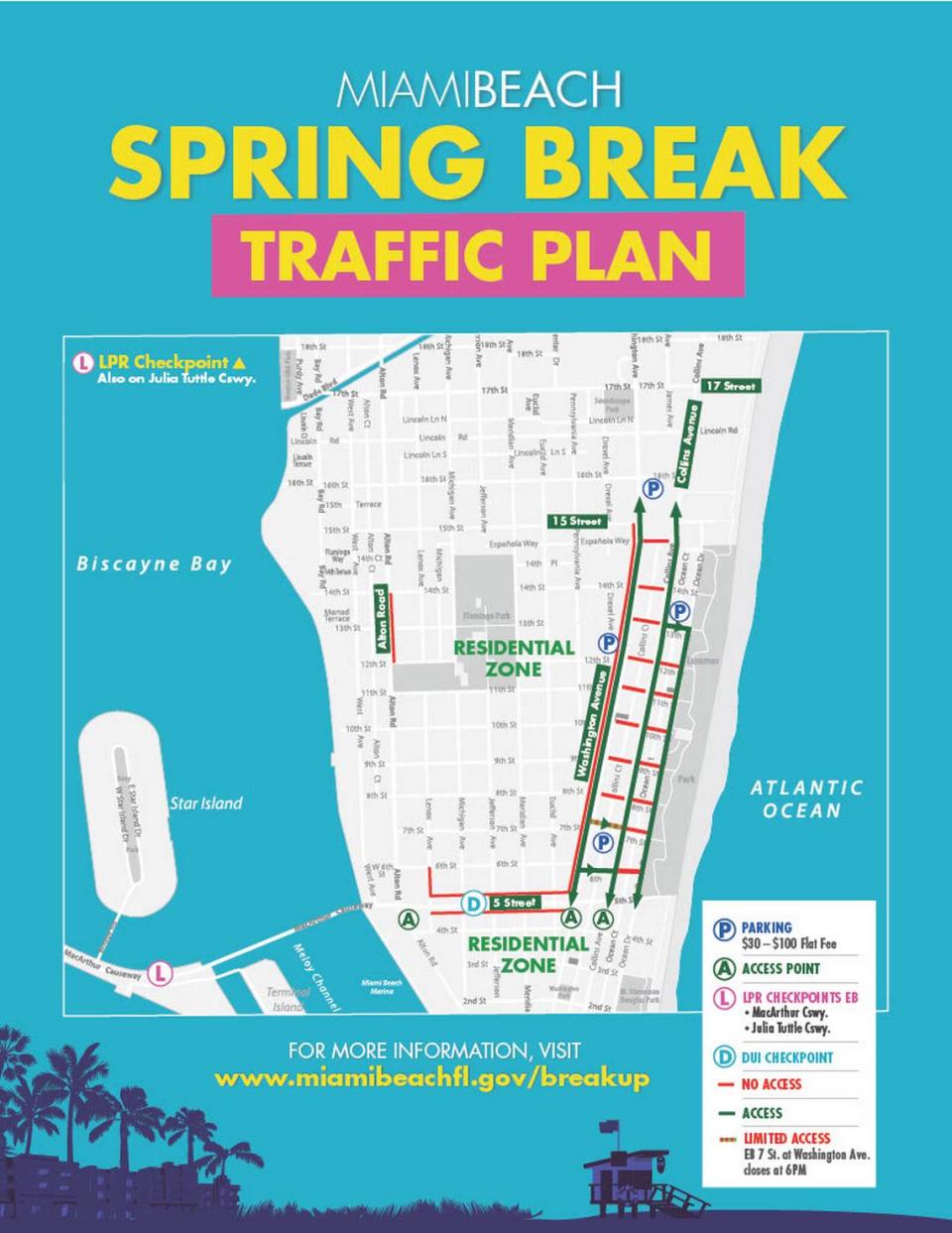 Un mapa muestra el plan de tráfico para las vacaciones de primavera de 2024 en Miami Beach.