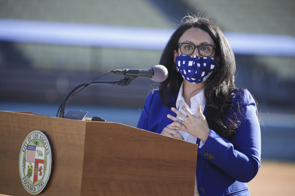 FILE - Los Angeles City Council President Nury Martinez addresses a press conference held at Dodger Stadium on Jan. 15, 2021, in Los Angeles. The president of the Los Angeles City Council resigned from the post Monday, Oct. 10, 2022, after she was heard making racist comments and other coarse remarks in a leaked recording of a conversation with other Latino leaders. Council President Nury Martinez issued an apology and expressed shame. (Irfan Khan/Los Angeles Times via AP, Pool)