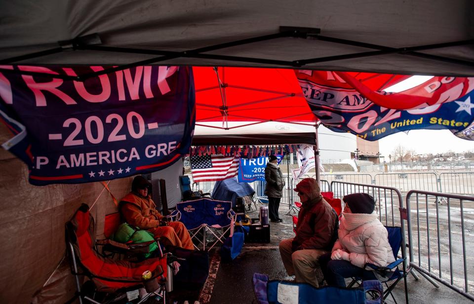 "Trump's Front Row Joes" group are first in line outside the Broadmoor World Arena in preparation for President Donald Trump's Colorado Springs campaign rally in Colorado Springs, Colo., on Wednesday, Feb. 19, 2020.