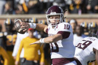 Texas A&M quarterback Zach Calzada throws a pass during the first quarter of an NCAA college football game against Missouri, Saturday, Oct. 16, 2021, in Columbia, Mo. (AP Photo/L.G. Patterson)